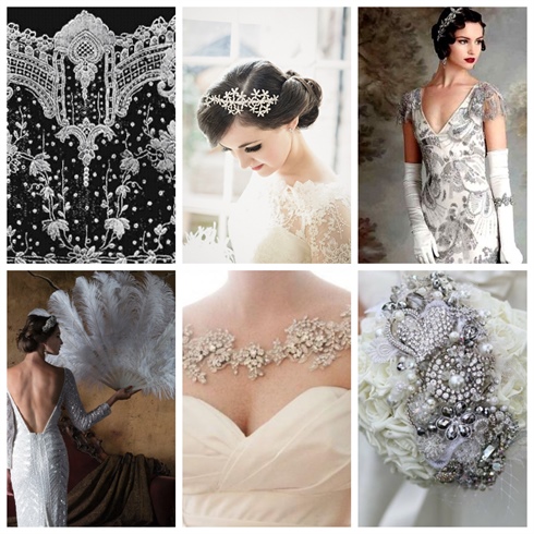 I created a mood board so that I could keep my vision on track. It includes some of the gowns that caught my attention, a vintage lace design, a bride holding a fan (which I thought was in interesting twist on bridal fashion) and a beautiful bouquet with cleverly arranged vintage jewellery