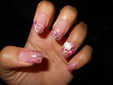 Pink holographic glitter tips with 3d ro