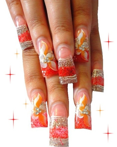 Peach Nails with Hand Painted Flowers