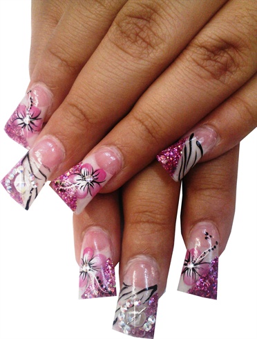 Hand Painted Pink, Black and White Nails