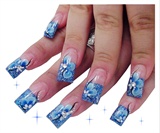 Blue Glitter Hand Painted Floral Nails