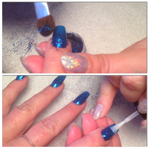 First, apply two coats of cobalt blue gel polish. I then applied a custom mixed blue glitter to represent the night sky.
