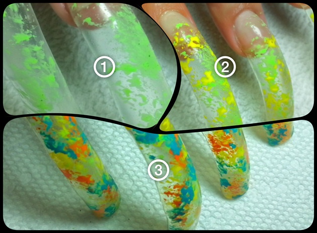 Apply first color to nail with fine brush using acrylic paint. Let dry completely. Apply gel top coat and cure under UV light for 2 min. Repeat these steps using multiple colors. After each color apply gel top coat. Each layer will create shadows and depth within the nail.