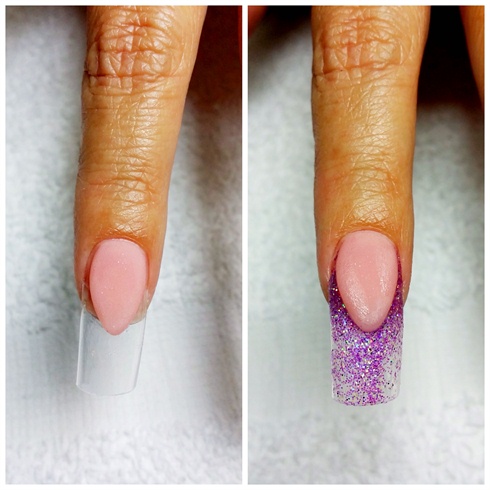 On the rest of the fingers apply crystal clear tips. I chose to use tips on these fingers to create a glass look and a sturdy base to support the 3D encapsulated art you will see in step 4. Using acrylic, sculpt the nail bed in an almond shape using INMs cover pink. Then apply a thin layer of sparkle purple acrylic to the nail tip. Keep this tight around the sculpted nail bed and blend down the tip.