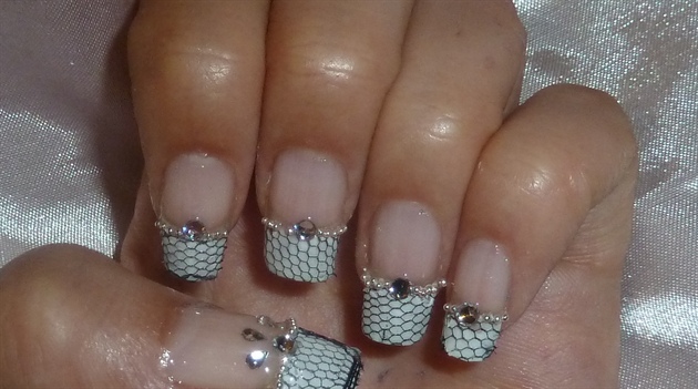 french tip with lace, beads, rhinestones