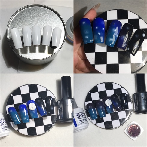 Step 2: Paint an Ombre effect onto the white nails using gel polish colors (Akzents black, LECHAT perfect match's sapphire night and CND's blue rapture).