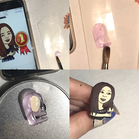 Step 6 : Looking at reference picture of a Bitmoji character use the same beginning method of making the gel Sabrina but this time instead of using builder gel use CND’s retention liquid and powder. Paint in with color and add detail with Wildflower’s acrylic paints. Topcoat with Presto Matte.