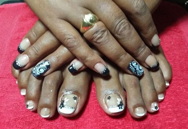 Black French nails with beautiful stamp