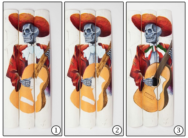 1-3) I painted the bow tie in the colors of the Mexican flag, added details to the shirt and painted the guitar’s colors.