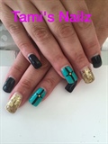Gel nails with turquoise black and gold 
