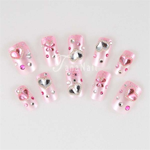 Pink rhinestone heart nails