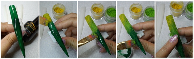 FLOCKING POWDER! Start out by colouring the tips with green gel polish, cure for 10 seconds. Brush on flocking powder in gradient and pat down with finger. Cure for 30 seconds in the LED light.\n\nNow we have grass!