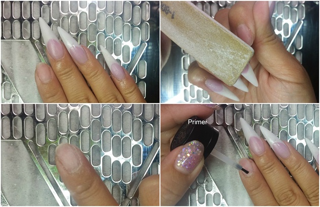 Prep: Buff natural nails to remove shine. Cleanse, and brush off dust. Apply dehydrator and primer to prepare nails for extension.