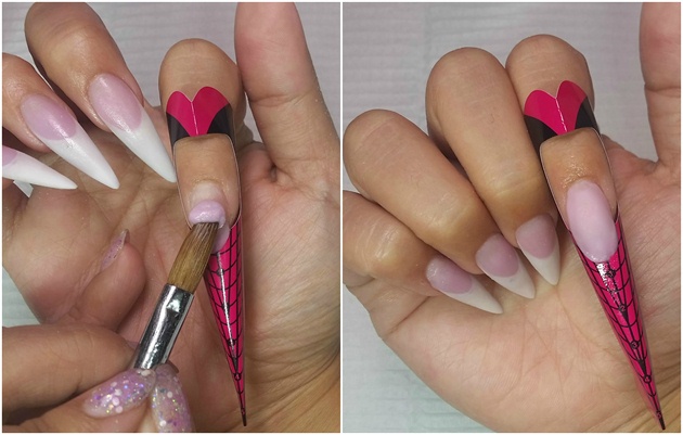 Extension of the nail bed: Using a cover pink, extend the existing nail bed.