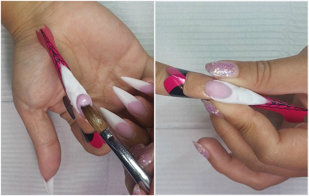 Pick up a bead of cover pink, and apply to where the smile line wall meets the extended nail bed. Apply a second smaller bead in the cuticle area to blend in with previous bead. Pinch the sidewalls for an attractive C-curve