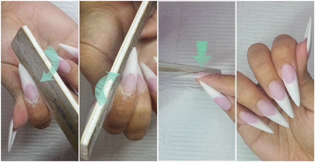 File the nails to desired shape. Side to side, and inspect nail from all angle to ensure a symmetrical appearance all around.