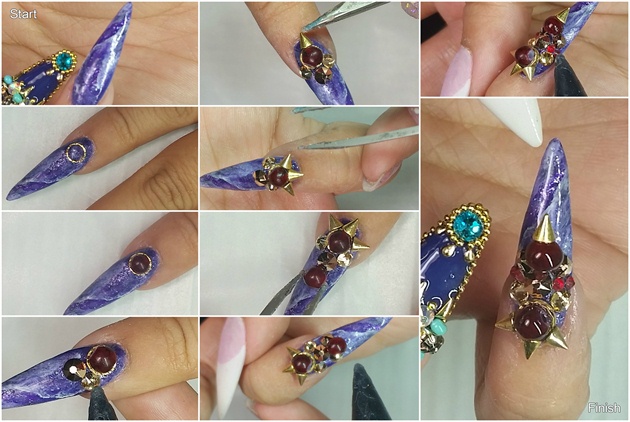 FINGER FOUR: I used the same marbling technique found in finger two. Apply a golden ring at the base of the nail and secure red bead. Proceed to applying Rose gold swarovski crystals around the red bead and apply spikes. Finish the nail off with a final red bead and spike.