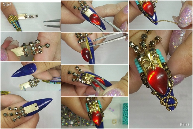 FINAL NAIL: I combined components from two different earrings and made my hanging charm for this finger. Secure charm to base of finger and apply red tear drop rhinestone on top. Attach golden links to the side of the charm and apply baroque charm on top of the red rhinstone. Add beads to the side of the nail. Complete this look by wrapping the bullion chains on the tip of the nail. Sealed off with top coat.