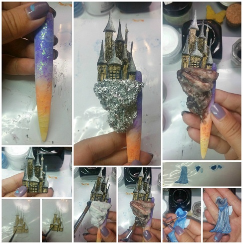 THE JOURNEY: 1-Use 4 different gel polish to create gradient. Apply iridescent glitter and water colouring (the bubbles) 2- Build castle using white acrylic, colour and add shading details accordingly 3- adhere tin foil to nail to build structure to mimic cliff 4-Colour the cliff using 3 different coloured acrylics to create dimension 5-sculpt out the wizard and assemble.  