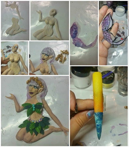 FAIRY of ETERNAL YOUTH: 1- use white acrylic to sculpt out the basic structure of fairy 2- assemble and add in details such as facial features 3- draw in eyes and add shading 4-sculpt leaves using shades of colour acrylic, apply to cover body 5- adhere embellishment 6- sculpt out wings and add details using coloured  and glitter acrylics 6- create a gradient on the actual nail to mimic sunset. Add blue and white acrylics using marbeling technique to mimic water