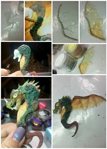 LOVE: 1-sculpt out basic structure of dragon including tail and arms 2- using an orange wood stick, push the semi cured mixed coloured acrylics around to create texture 3-add in a lighter colour onto the textured body to create dimension 4-shape wire to create the wings, cover with white acrylic 5-fill the rest of the wing up using glitter acrylic 6- colour the wing using different shades of brown coloured acrylic 7- add in final details such as spikes, and eyes etc