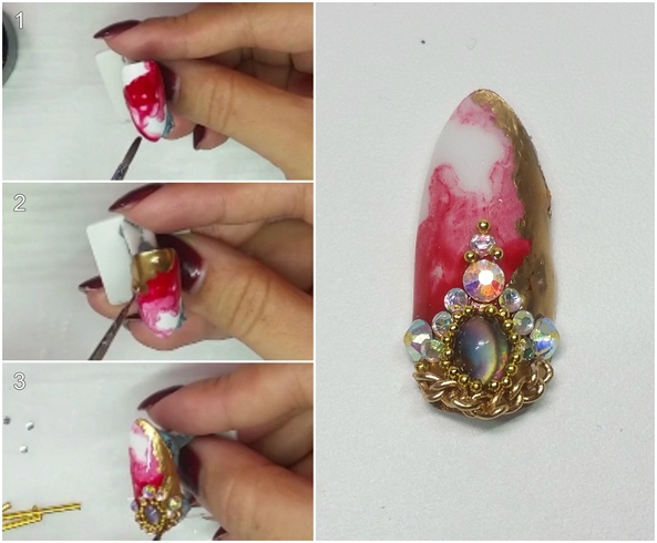 1- using red gel paint, apply randomly and dilute with 99% alcohol 2- apply gold paint to the edges 3- embellish as desired