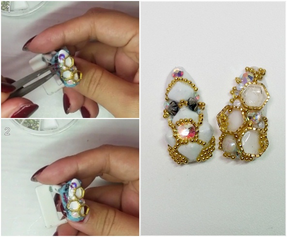 1- apply embellishments as desired 2- use crystals and beads to enhance look