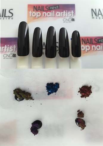 Create a black base on each nail using black gel polish. Cure.\n\nIn order to create a shimmer background, mix Quartz Pigment with black gel polish.\n