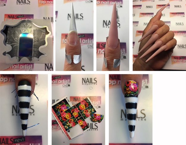 Apply Minxlusion with the tacky side up onto a form and keep in place with tape.\nSculpt out the nail with camoflague acrylic polymer and monomer.\nFile nails into shape.\nApply a white gel polish to the entire nail, cure and cap with Matte Top Gel. Cure and cleanse.\nApply silver striping tape and using black acrylic paint add in black lines.\nIn order to create some layering, cut out a portion of the water decals and apply to your design. Seal with Top Gel and cure.