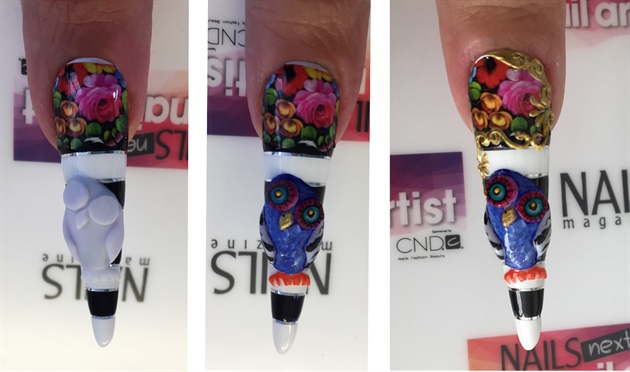Create the Melli Mello owl using white acrylic polymer and monomer.\nDefine and detail with acrylic paint.\nComplete the nail with barok curls in gel.