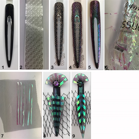 1. Using an electric file drill a hole in the tip. Cover with black LED gel. Cure. Seal with No-Cleanse Top Seal. Cure. 2. Select a lace design Filigree Strip. 3. Place Filigree Strip over the cured tip. 4. Dust with Holographic Chrome Powder. 5. Remove Filigree Strip to show off the lace design. Seal with No-Cleanse Top Seal. 6. For the holographic effect I used shredded Tissue Paper used in wrapping gifts. 7. Attach the shredded Tissue Paper strips to a piece of lace using glue. Allow to dry. 8. Fold the lace enhanced with shredded Tissue Paper and secure them into the hole in the tip with LED Gel. Enhance the design further with the same technique at the cuticle area and finish off with a rhinestone.