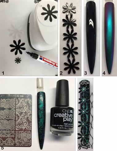 1. Using a paper punch with a floral design, cut out shapes on Shrinking Plastic. Color them in using a black Marker. Place in the oven for a few minutes and they shrink to 1/3 of the size and 9 times the thickness. 2. Attach these together with LED gel to make a lace string. 3. Cover a tip with black LED gel. Cure. 4. Dust on Holographic Chrome powder and seal with with a Top Gel. Cure. 5. Using a lace stamping place and CND Creative Play Black and Forth, stamp a lace design over the entire surface of the tip. Seal with No-Cleanse Top Seal. Cure. 6. Final design with lace stamped background and arched lace strip over the surface enhanced with rhinestones.