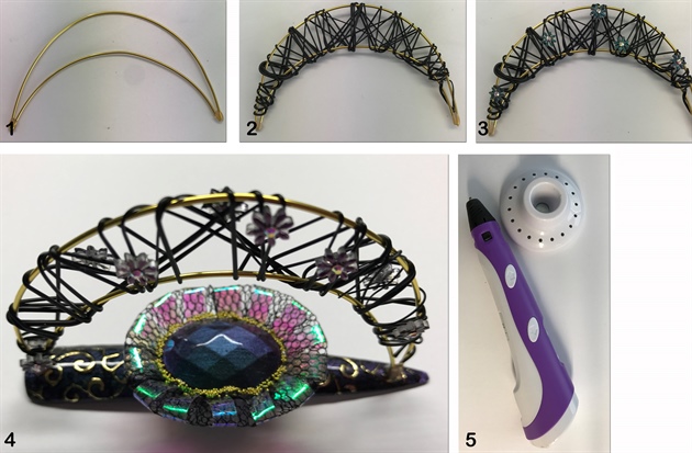 1. Attach two pieces of metal wire together using Clear Polymer to secure them. 2. Using a 3D pen, wrap the heated plastic filament around the arches to create a basic lace structure. 3. Enhance the lace structure by securing Shrinking Plastic Flowers to the filament with resin. 4. The final design from an angle to show off the lace arch. 5. 3D Pen used to create the lace structure.