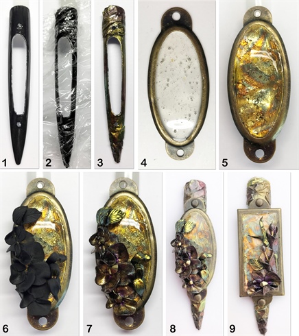 1. Apply a layer of Black LED Gel to the tip. 2. Apply a medium layer of LED gel to the tip and place a wrinkled piece of clingwrap plastic into the gel. Cure. 3. After removing the clingwrap, dust the rustic Chrome pigments into the surface. 4. Fill a miniature picture frame with LED Clear Gel. Cure. 5. Apply rustic gold flakes to the tacky surface and seal the frame in a dome form with LED Clear Gel. 6. Create a floral bouquet with Black acrylic polymer and using a mix of monomer and acetone, create more flexibility in the product to be folded and draped. 7. Coat the flowers with Black LED Gel and dust off with rustic Chrome pigments. 8 + 9. Attach the frames to the base nail.