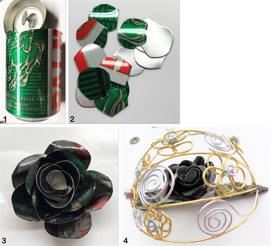 1. Not encouraging drinking or promoting a brand, just using the can to promote recycling! 2. Cut even sized pieces of the can as shown above. 3. Mix a small amount of bronze Chrome pigment into a Top Gel and coat the surface of the petals to take on a more rustic look. Bend the petals into shape to create a rose. Hold petals into place using LED gel. 4. Protect the rose with the metal dome.