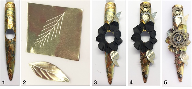 1. Seal the tip with rustic gold flakes. 2. Draw out the veins on the leaves with a scissor point and cut into shape. 3. Place the acrylic petals around the hole. 4. Add cogs and create screw heads using acrylic polymer in various rustic colors. 5. Dust off the petals with Chrome pigments and insert the cog as the center of the flower.