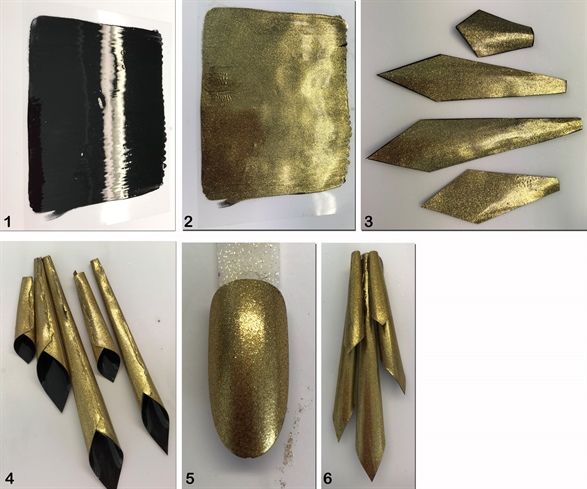1. Create gel strips by applying Black LED Gel onto a plastic sheet. 2. After curing dust off with Gold Pigment and seal with a Flexy Top Gel. 3. Draw and cut out diamond shapes on the sheet in various lengths. 4. After rolling them into cones, seal them closed with Clear LED Gel. 5. Prepare a tip with the same method as discussed above. 6. Attach the gel cones to the tip with Clear LED Gel.