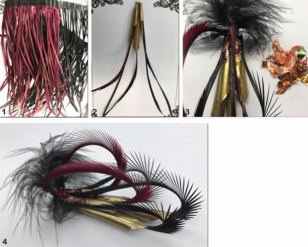 1. Found these crazy, spiky feathers while on the hunt for inspiration. 2. After securing them in the gel tubes with Clear LED Gel, curl them back to the cuticle area of the tip to enhance the spikes. 3. Using multicolored gold flakes, create a rich, textured appearance at the cuticle area. 4. Add additional cuticle art with feathers and matching rhinestone.