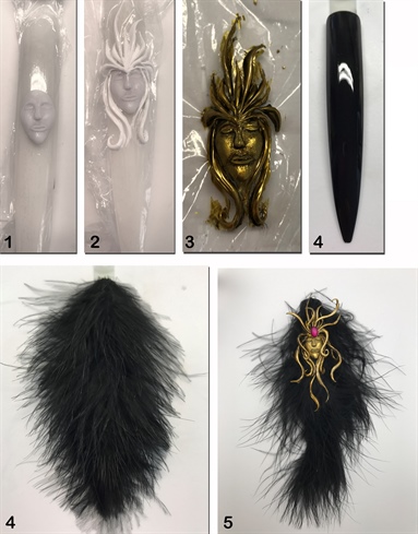 1. Using polymer and monomer, create the head and features of the mystical face. 2. Enhance the face further using Gel Paste in order to create the feather like protrusions as headgear. 3. Apply a layer of Gold Nail Lacquer and create an antique look with Black Acrylic Paint. The paint should be applied slightly wetter to be able to fade into the design. 4. Create a black base tip using Black LED Gel. 4. Attach feathers to the black base using All-Purpose Resin. 5. Secure the mask into place with All-Purpose Resin.