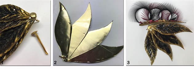 1. Secure four feathers together using split pins. 2. Determine how far each feather will open and secure a piece of thin plastic thread to the top of each feather. This will prevent the individual feathers from moving in their own direction and will create a fan effect. 3. Secure the fan feathers to the bottom of each tip with Clear LED Gel.