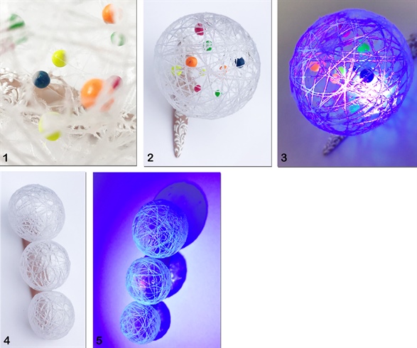 1. Coat multiple sized beads with neon gel paint and attach them to transparent sewing thread. Secure these inside the webbed ball. 2. Attach the ball to the tip and secure into place with Clear LED Gel. 3. The purpose of using the neon gel paint and white cotton is for the cool effect it creates with LED lights. 4. For the second tip, the balls were created in the same way. 5. With LED lighting. Another meaning for 