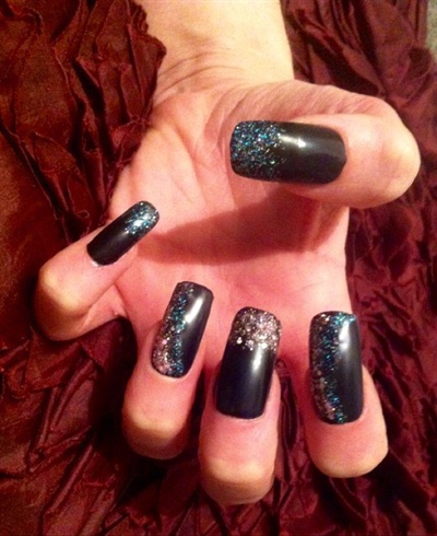 Black Gel Nails With Blue &amp; Pink Glitter