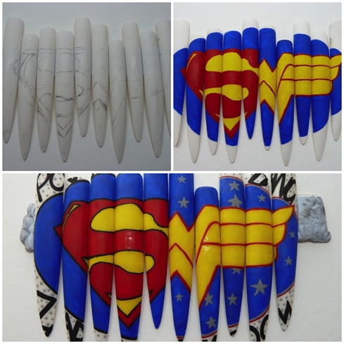 I began by sketching out my Superman and Wonder Woman logos and then colored them using acrylic paints. Then added comic style words to the edges including Zap, Pow, Boom and Bang.