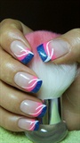 Pink and blue nails with white lines