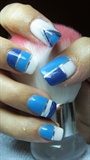 Blue and white nails with silver stripes