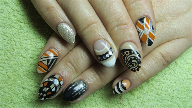 Beige, orange and black nails- Abstract 