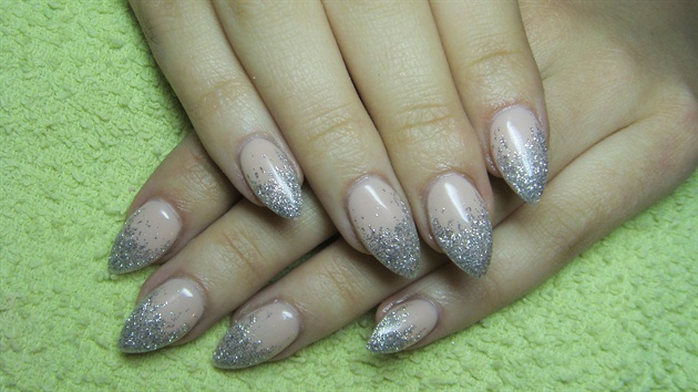 Nude nails with silver glitter