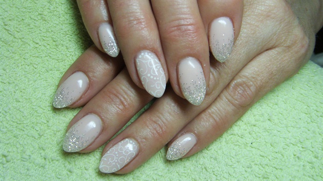 Powder pink nails with silver glitter 
