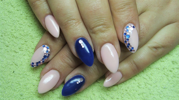 Pink and blue nails with rhinestones