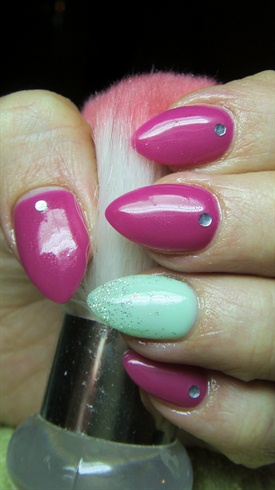 Pink and green nails with rhinestones
